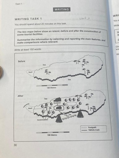 Image for topic: this two maps below show an island, before and after the construction of some tourist facilities. summarize the information by selecting and reporting the main features and make compressions where relavant.