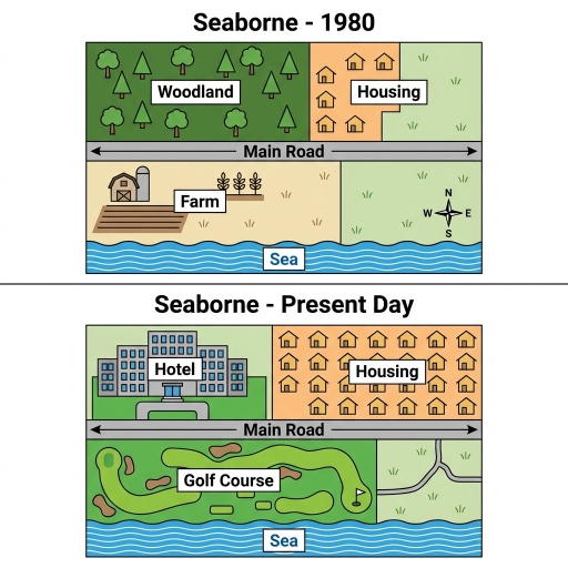 Image for topic: The maps below show changes that have taken place in the coastal town of Seaborne between 1980 and the present day.