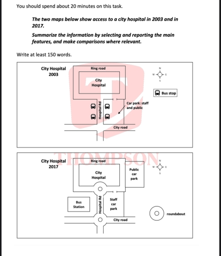 Image for topic: The two maps below show access to a city hospital in 2003 and in 2017. Summarize the information by selecting and reporting the main features, and make comparisons where relevant.