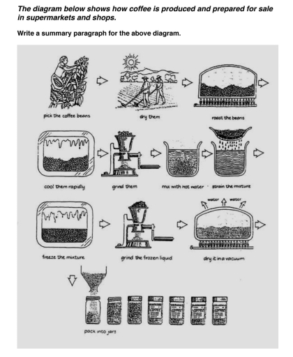 Image for topic: The diagram below shows how coffee is produced and prepared for sale in supermarkets and shops. Summarise the information by selecting and reporting the main features, and make comparisons where relevant.
